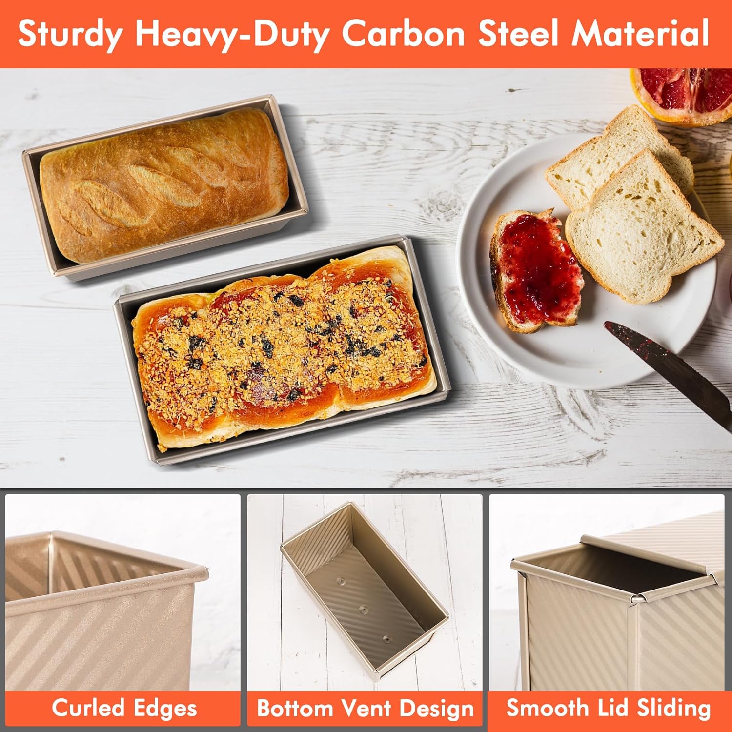 Beasea Pullman Loaf Pan with Lid, 2 Pack Non-Stick Bread Loaf Pans 1 lb & 0.5 lb Carbon Steel Bread Toast Box with Dough Scraper for Homemade Bread Toast Oven Baking - Gold