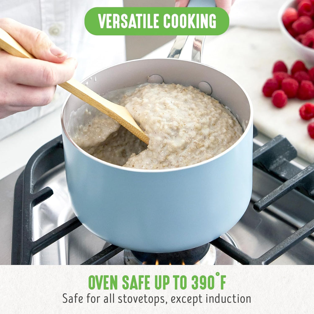 GreenLife 2 Quart Nonstick Saucepan with Lid, Lightweight Healthy PFAS-Free Milk Pan, Dishwasher & Oven Safe Soup Pan, Durable Body, Silicone Stay-Cool Handle, Easy Release Chef’s Pan, Blue Haze