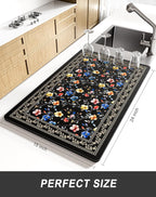 Rnivvi Dish Drying Mat for Kitchen Counter, XL 15 x 24" Cute Flower Theme Super Absorbent Drainer Pad, Non-Slip Heat Resistant Coffee Bar Mat for Coffee Machine Station Accessories,Retro Dish Rack Pad