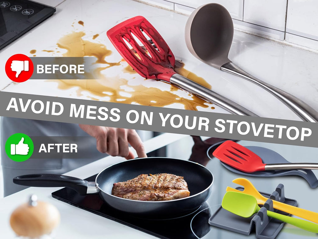 Silicone Spoon Rest for Stove Top, 2 STYLES - HEAT RESISTANT, EASY TO CLEAN Kitchen Spoon Rest for Kitchen Counter, Holds XL Utensils, Safe on GLASS & INDUCTION Cooktops, DOESN’T BREAK if Dropped