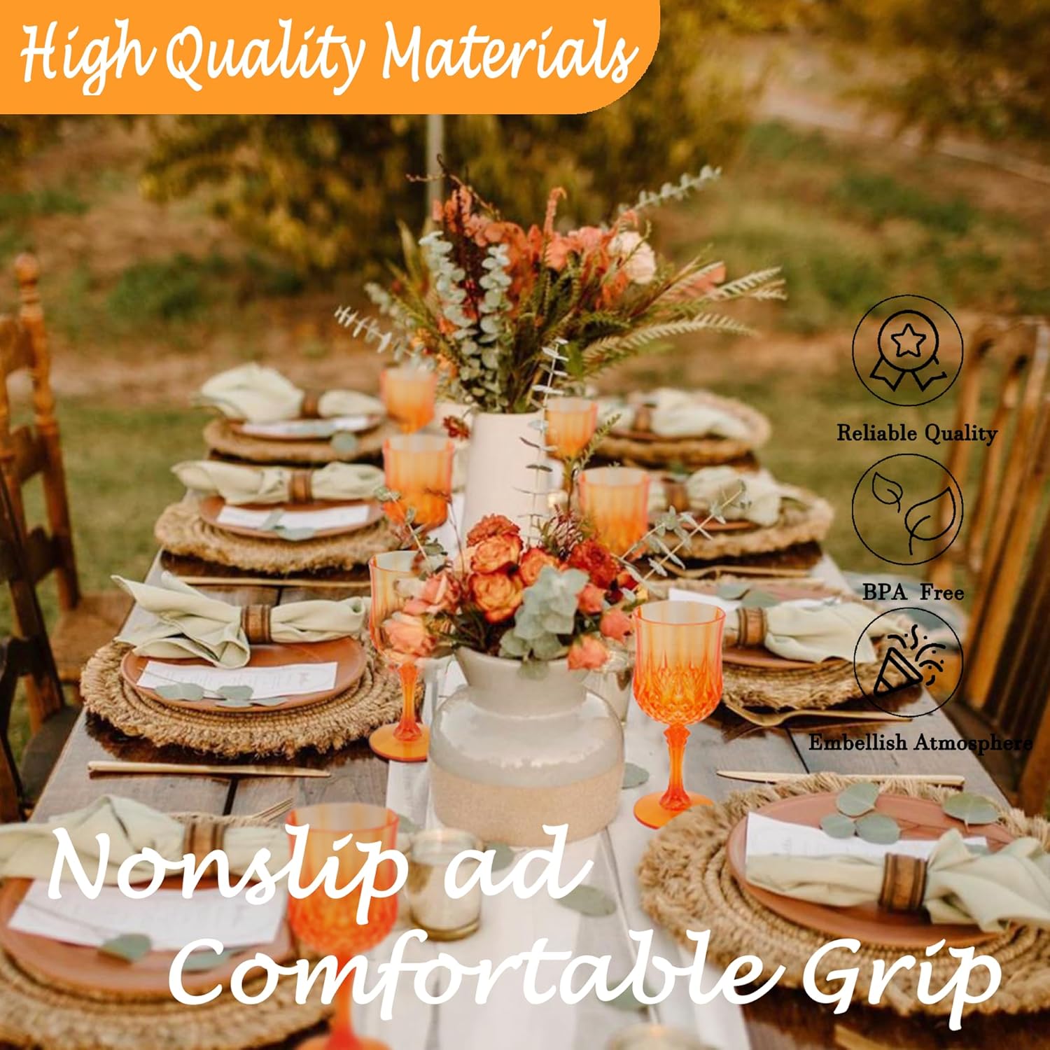 Plastic Wine Glasses，Plastic Goblets Vintage Style Cordial Drinking Glasses for Wedding Reception, Grand Event Party Supplies (12, Pumpkin orange)