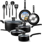 15-Piece Nonstick Kitchen Cookware Set - PTFE/PFOA/PFOS Free Heat Resistant Lacquer Kitchen Ware Pots Pan Set w/Bakelite Handles, Saucepan, Frying Pans, See-through Lid - SereneLife SLCW15BLK (Black)