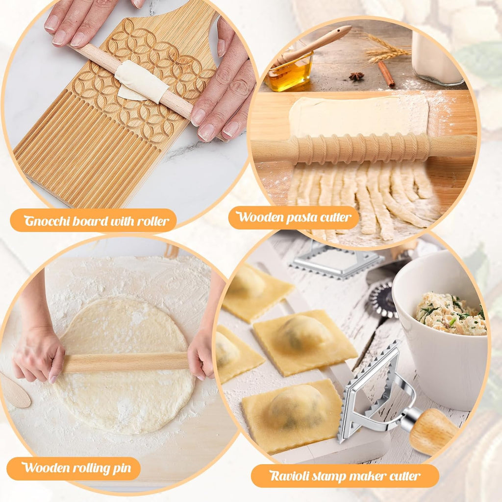 Tioncy 7 Pcs Gnocchi Pasta Making Tool, Wood Gnocchi Board with Ravioli Stamp and Rolling Pin Set Homemade Kitchen Gift for Baking Lovers(Dumpling Style)