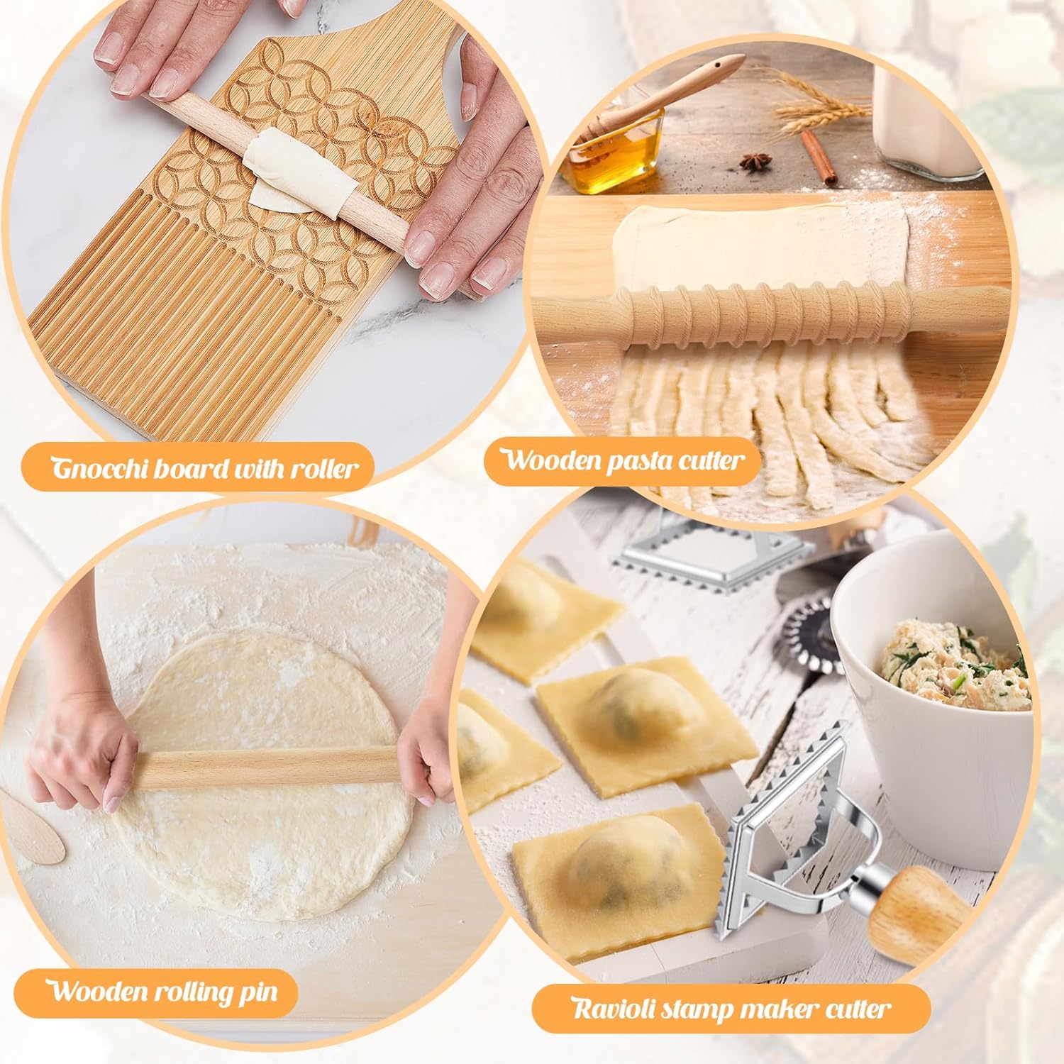 Tioncy 7 Pcs Gnocchi Pasta Making Tool, Wood Gnocchi Board with Ravioli Stamp and Rolling Pin Set Homemade Kitchen Gift for Baking Lovers(Dumpling Style)