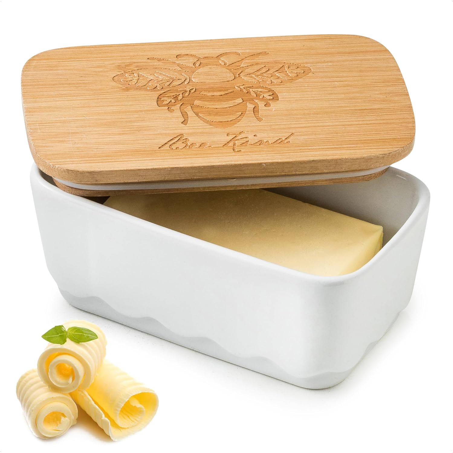 Covered Butter Dish for Countertop, Ceramic Butter Dish with Wooden Lid Airtight Butter Holder Container, Vintage HoneyBee Kitchen Decor, White