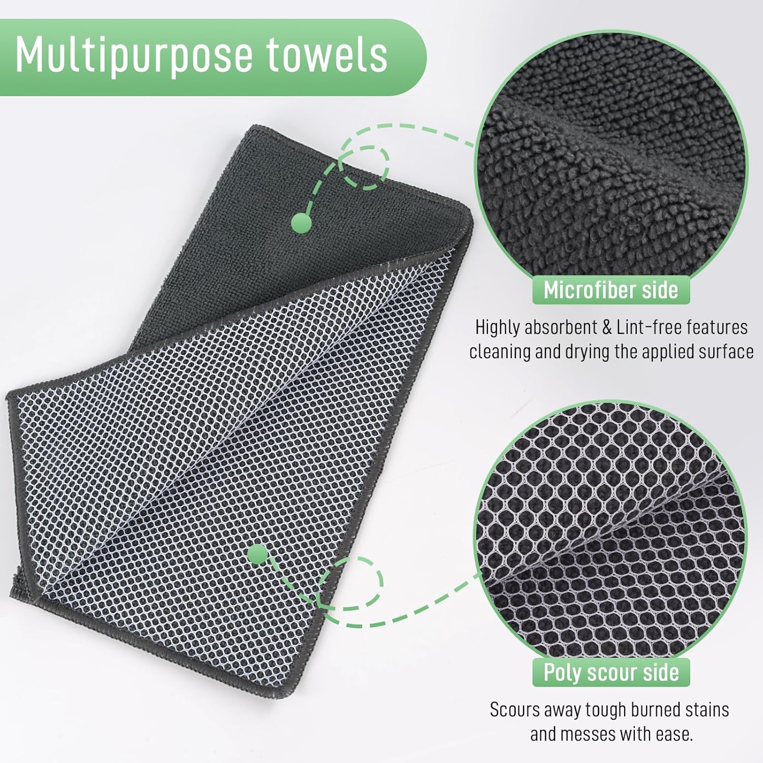 SINLAND Microfiber Dish Cloths Wash Clothes for Kitchen Best Kitchen Cloths Cleaning Cloth Poly Scour Side 12"x12" (10Pack, Dark Grey)