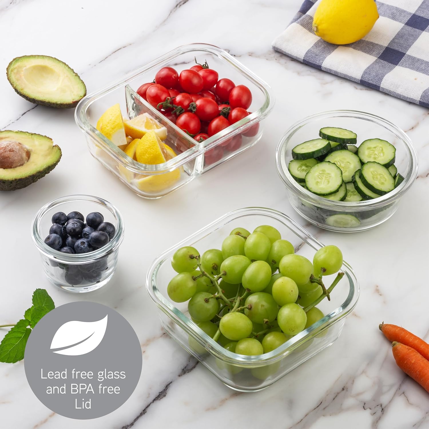 COOK WITH COLOR Premium 32-Pc. Borosilicate Glass Food Container Set with Dividers - 4 Rectangles, 8 Rounds, 4 Squares - Leakproof Lids - Meal Prep, Storage, Ombre Grey