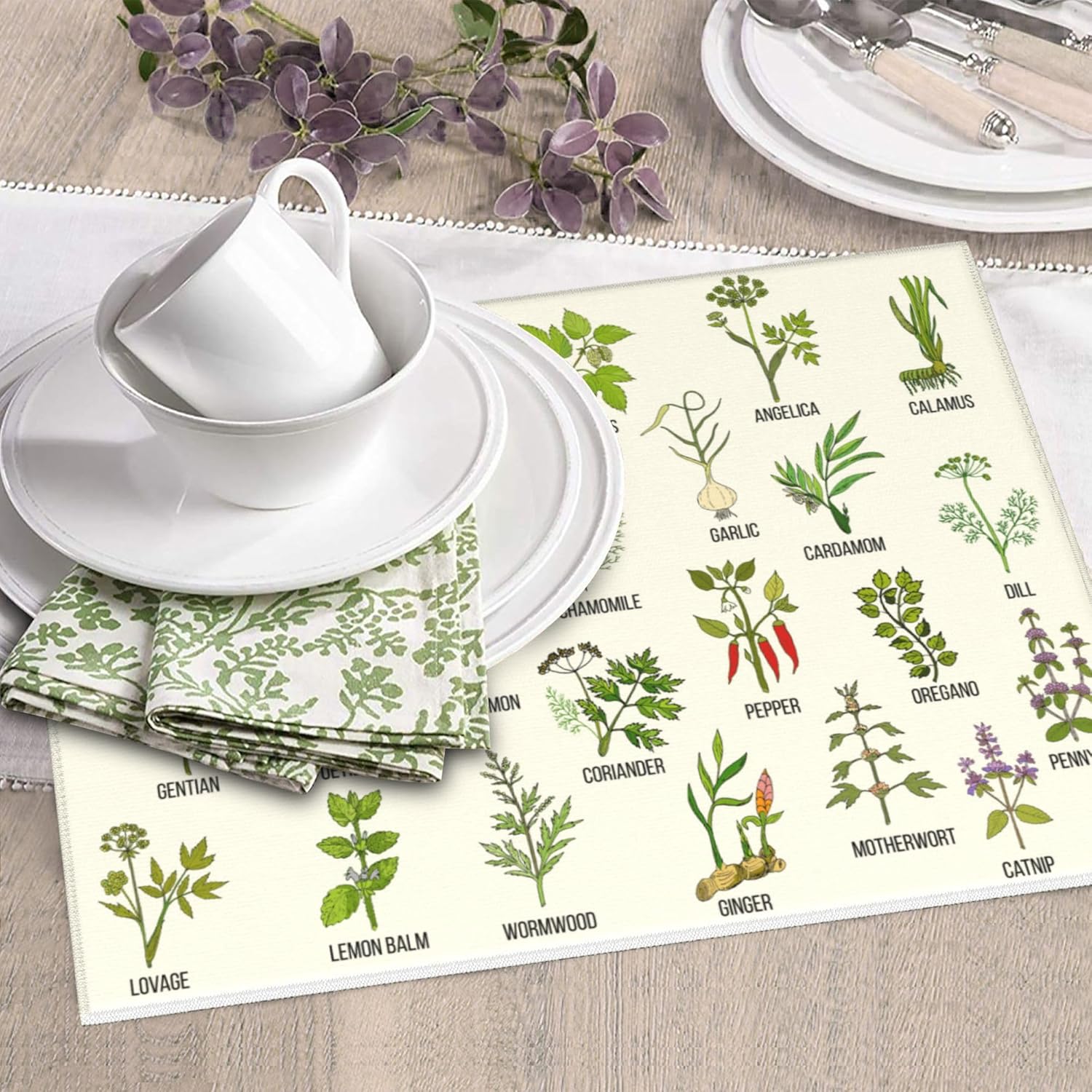 Cute Herbs Botanic Garden Plants Dish Drying Mat for Kitchen Counter Washable Absorbent Reversible Microfiber Drying Pad Kitchen Accessories 16"x18"