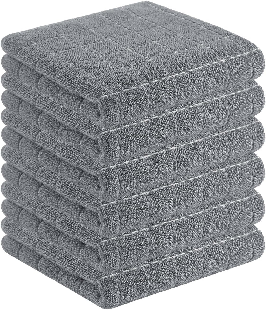 Homaxy 100% Cotton Terry Kitchen Towels(Grey, 13 x 28 inches), Checkered Designed, Soft and Super Absorbent Dish Towels, 6 Pack