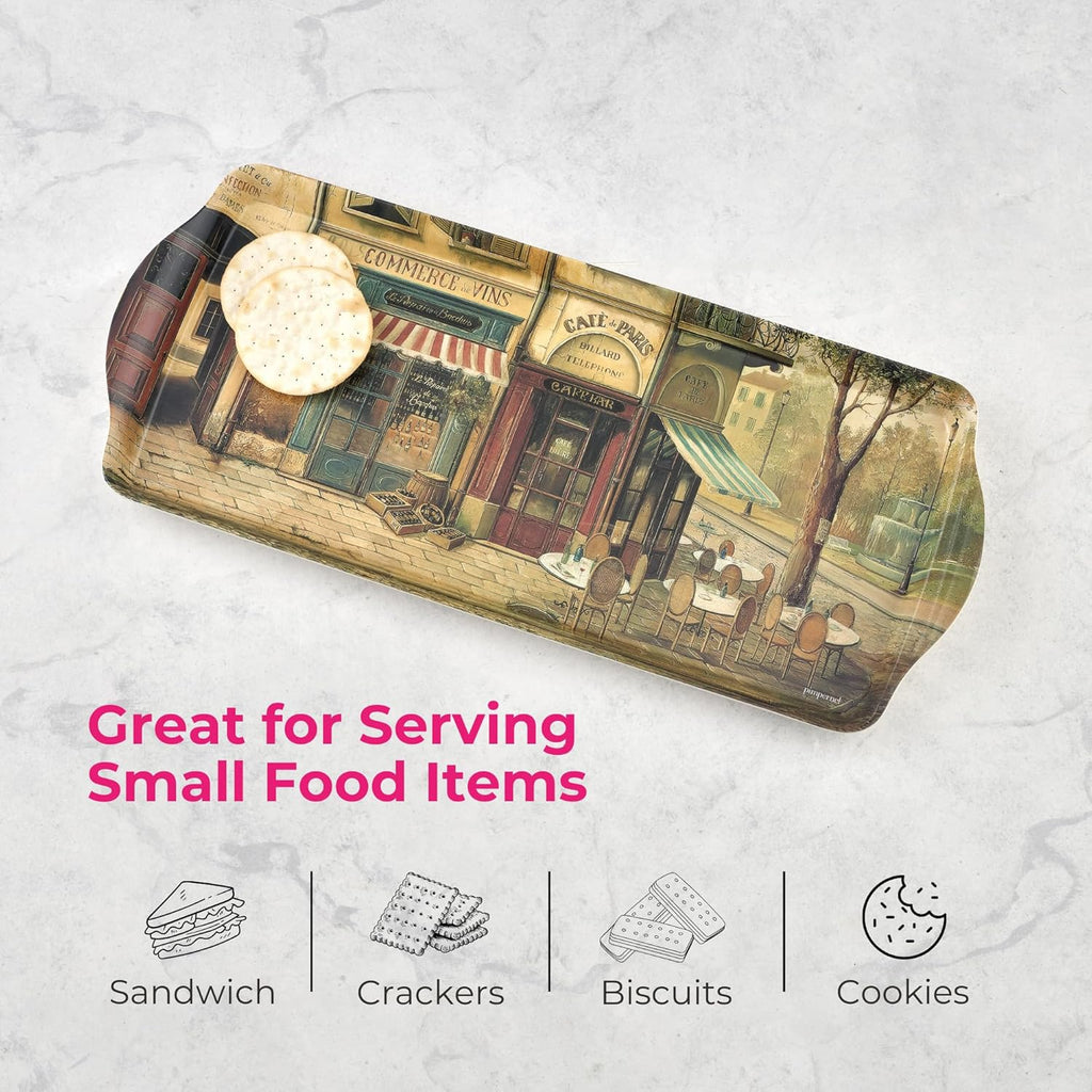 Pimpernel Parisian Scenes Rectangular Hostess Tray - 15.1" x 6.5" Melamine Snack Platter with French Street Illustration - Dishwasher-Safe Decorative Kitchen Accent for Serving