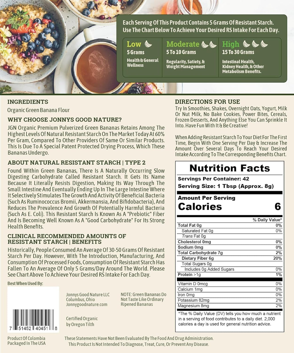 Jonnys Good Nature Organic Ultra High Resistant Starch Premium Green Banana Flour | On Average [10x's] More Prebiotic Fiber Per Gram Than Other Green Banana Flours On The Market | 42 Servings