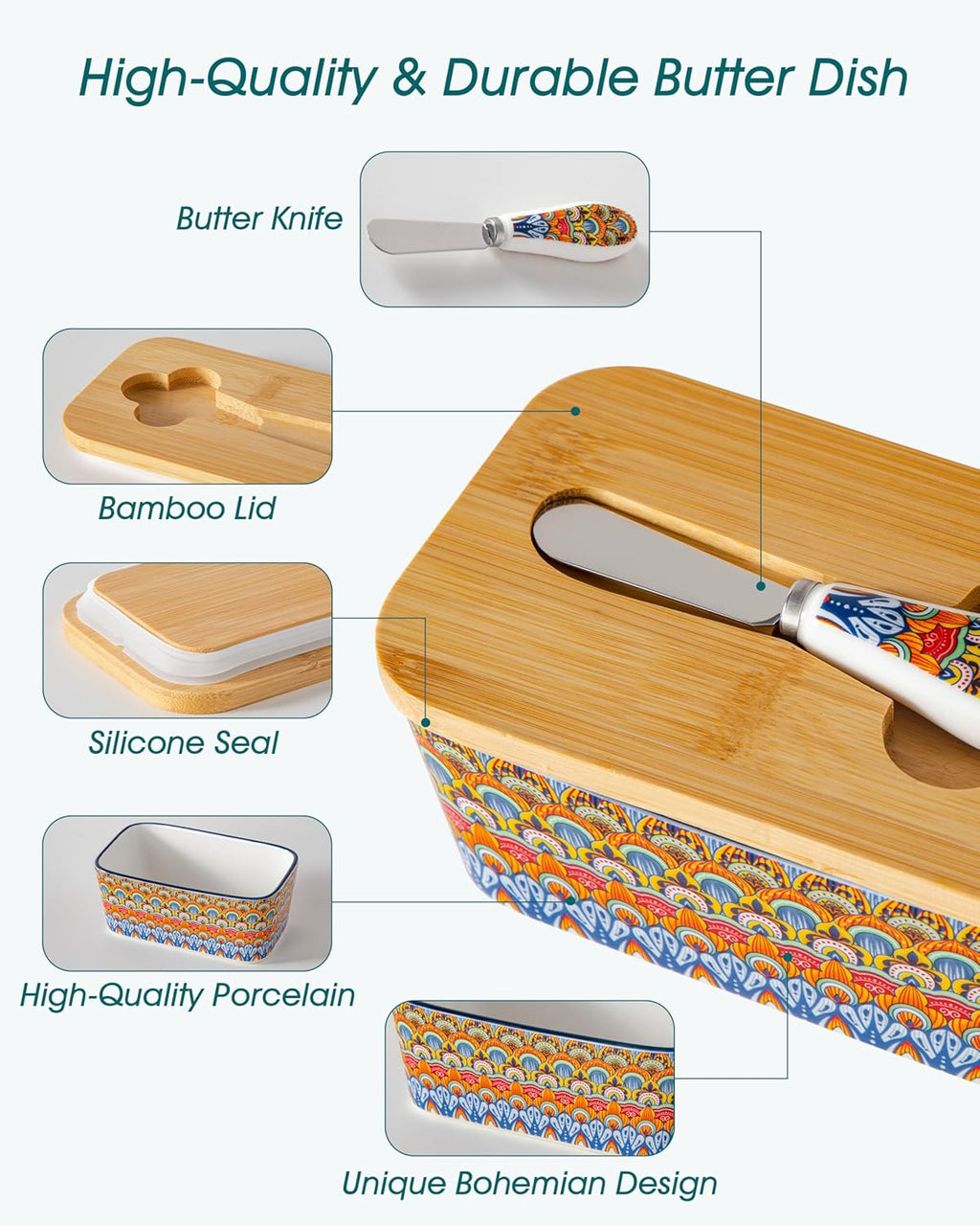 vancasso SIMI Butter Dish with Lid, 6.5" Large Butter Dish for Countertop, Bohemian Ceramic Butter Keeper Container with Knife and Bamboo Lid, Butter Holder for Counter, Regal Bloom