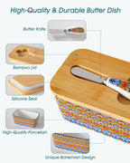 vancasso SIMI Butter Dish with Lid, 6.5" Large Butter Dish for Countertop, Bohemian Ceramic Butter Keeper Container with Knife and Bamboo Lid, Butter Holder for Counter, Regal Bloom