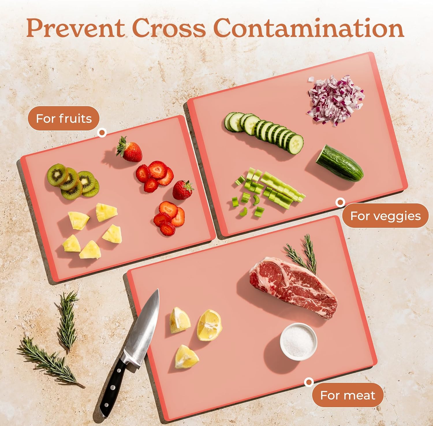 SMIRLY Plastic Cutting Board Set with Holder 3 Pieces, Non-Slip Dishwasher Safe Chopping Boards for Kitchen, Pink