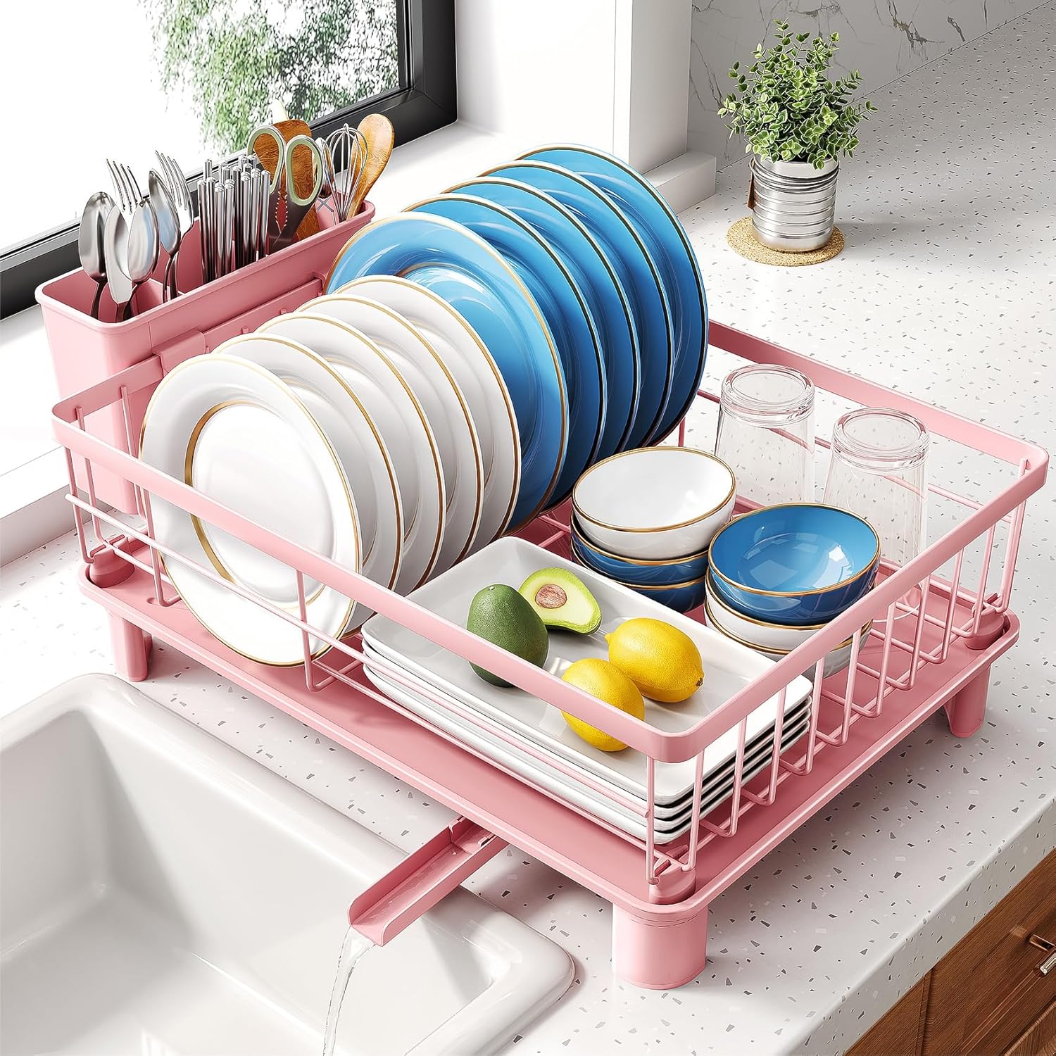 Dish Drying Rack - Small Dish Rack for Kitchen Counter, Stainless Steel Dish Drainer with Utensil Holder and Drainboard (Pink)