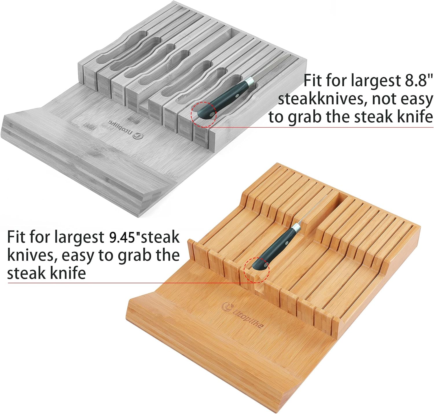 Utoplike In-drawer Knife Block Bamboo Kitchen Knife Drawer Organizer,Large handle Steak knife Holder without Knives, fit for 16 knives and 1 Sharpening Steel