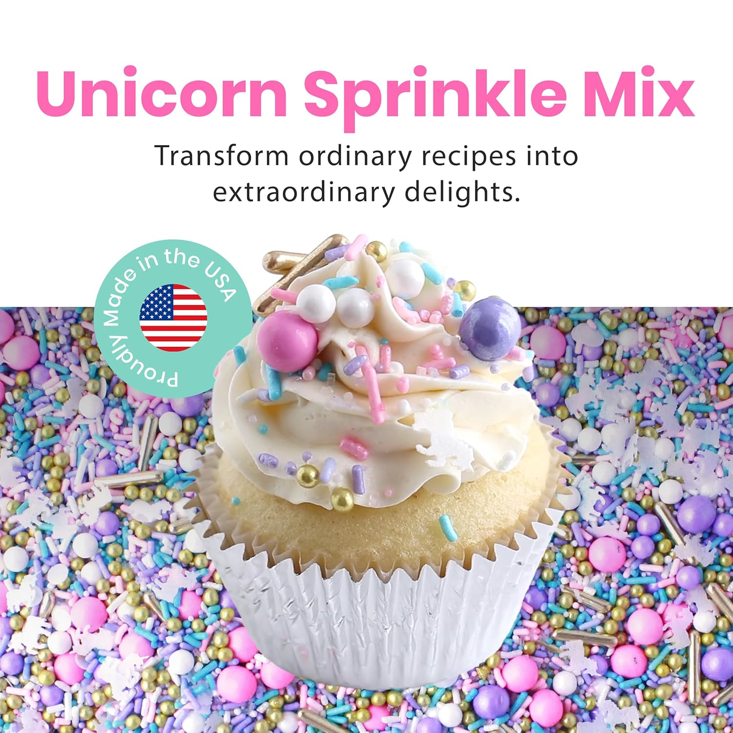 Sprinkle Pop Unicorn Sprinkle Mix| Pastel Pink Purple Blue White Sprinkles with ~20 Unicorn Wafer Paper and Gold Dragees Made in USA for Decorating Princess Birthday Cakes Cupcakes Donuts Cookies, 4oz