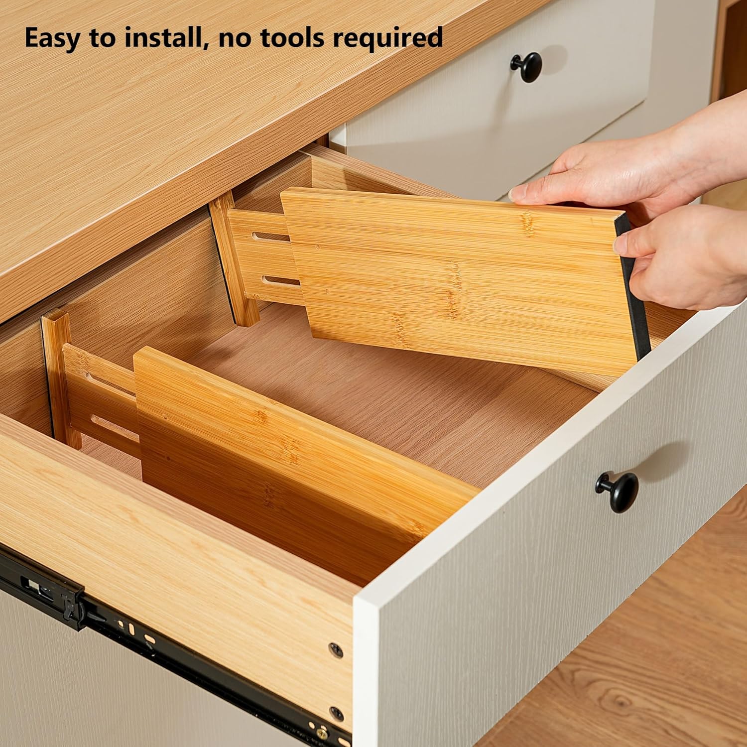 Fabsome Dresser Drawer Organizers 6 Pack, 4.65'' High Adjustable from 17-22‘’ Bamboo Drawer Dividers for Clothing Baby Clothes, Wooden Separators for Dresser Nursery Organization with Soft Foam Ends