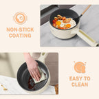 TOPWIT Hot Pot Electric, 2L Multifunctional Electric Pot, Non-Stick Sauté Pan, Portable Pot for Steak, Egg, Fried Rice, Ramen, Soup with Dual Power Control (Silicone Spatula Included), Beige