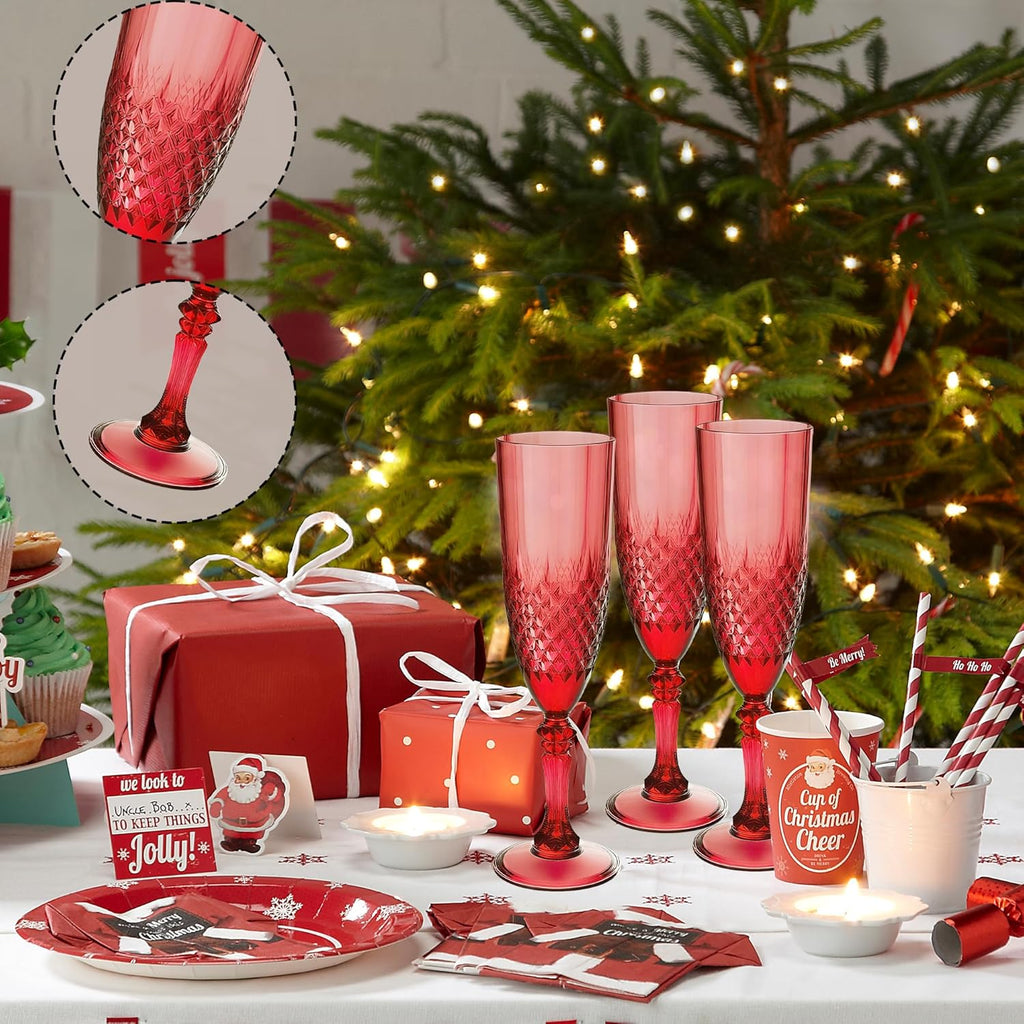 Plastic Champagne Flutes, 24PCS Dark Red Plastic Wine Glasses Goblets Reusable Champagne Flute for Weddings, Christmas, Bachelor Parties, Toasting, and Events(24, Dark Red)
