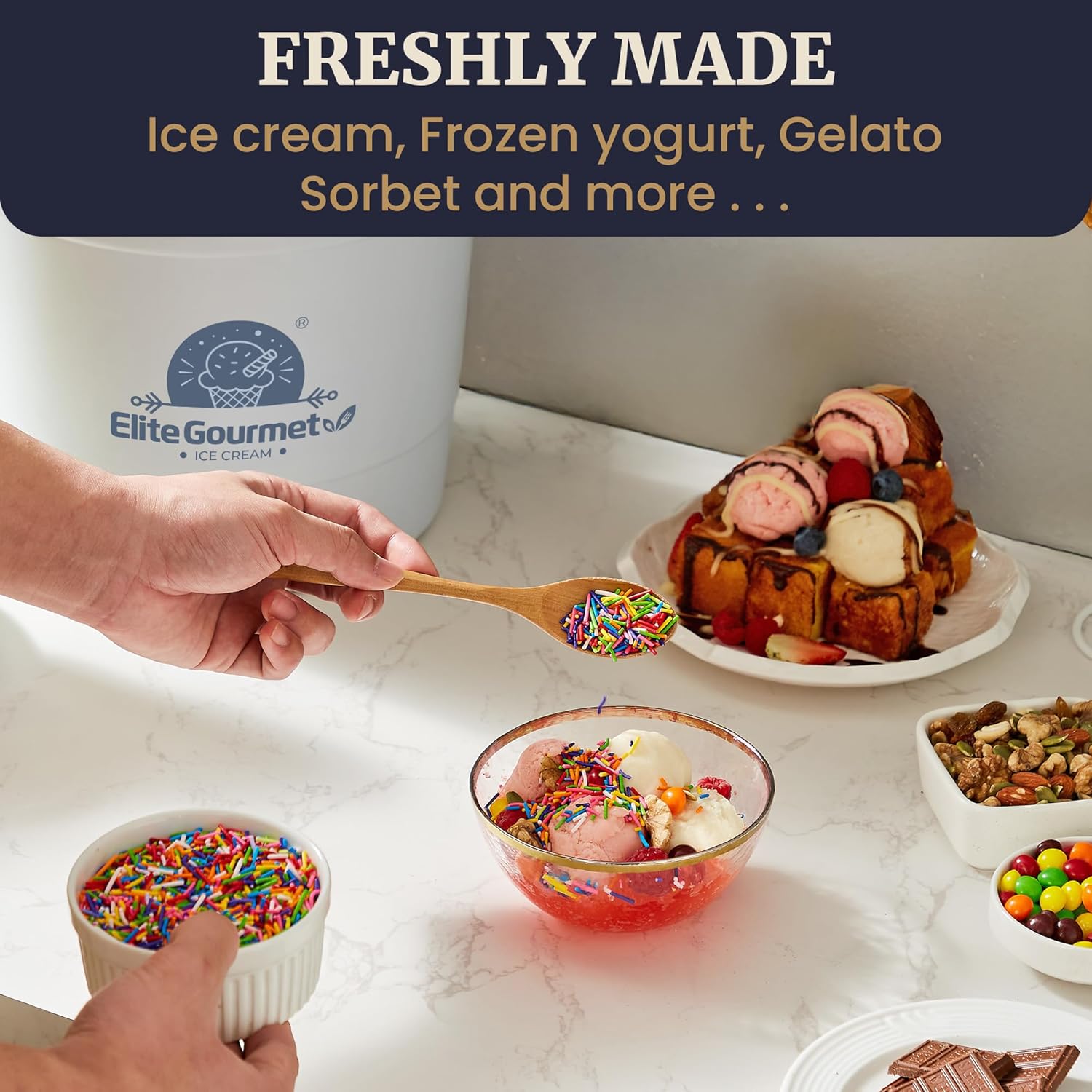 Elite Gourmet 4Qt Electric Ice Cream Maker EIM350X Delicious Homemade Ice Cream, Gelato, Sorbet, Frozen Yogurt, 4Qt Aluminum Freezing Cannister, Durable Plastic Ice Bucket, Powerful 50W, Periwinkle