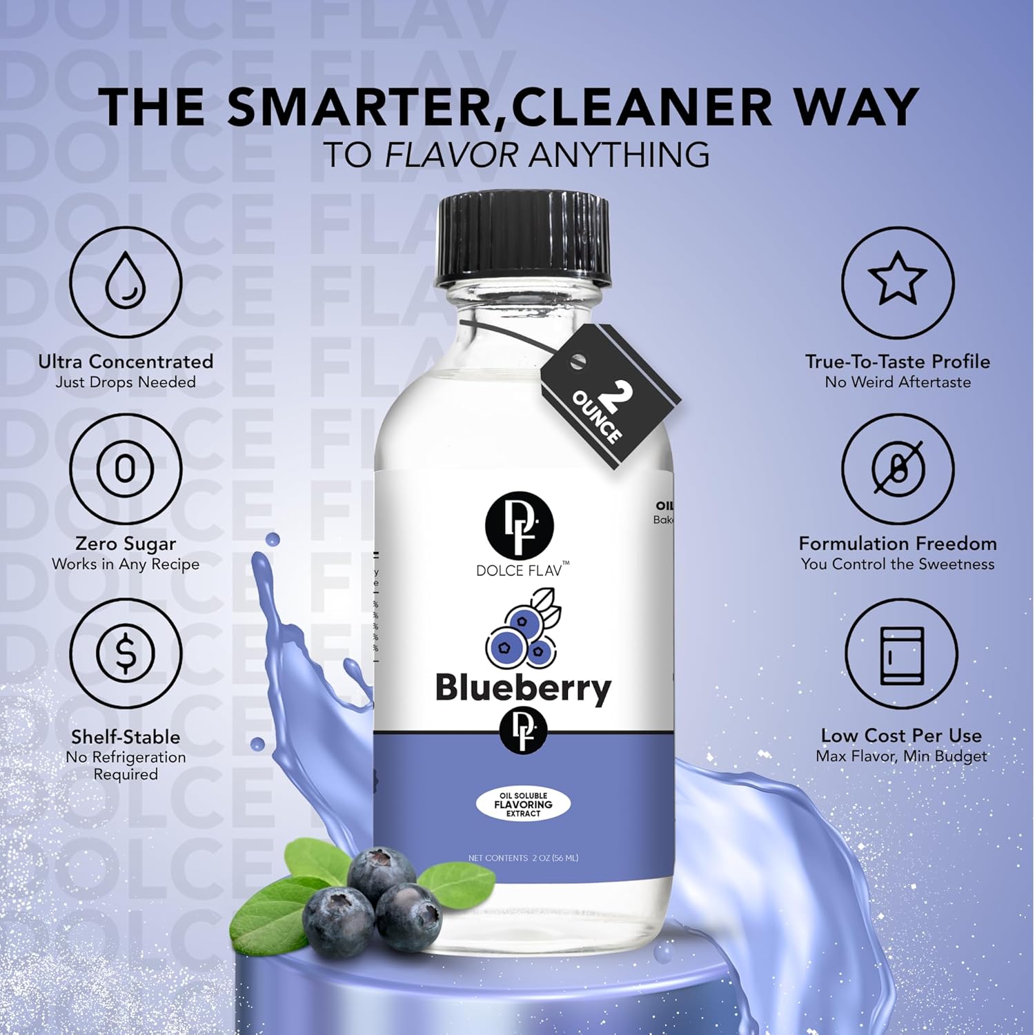 Dolce Flav Blueberry Extract – 8 Ounce Oil-Soluble Kosher, Sugar-Free, Concentrated Ripe Blueberry Flavoring for Baking, Chocolates & Desserts, Includes Measured Dropper