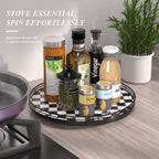 Black and White Kitchen Lazy Susan Turntable – Checkered Round Decorative Tray, 13” Table Top Oak Wood Lazy Susan for Cookies, Dining Table Organizer, Small Kitchen Table Centerpiece