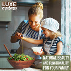 Luxe Designs Wooden Salad Bowl Set - Food Safe & Sustainable Decorative Bowl - Wood Bowl for Fruits, & Salads - Easy to Clean Large Salad Bowls Set w/Spoon, Fork – Wooden Bowls for Food (Dark Burnt)