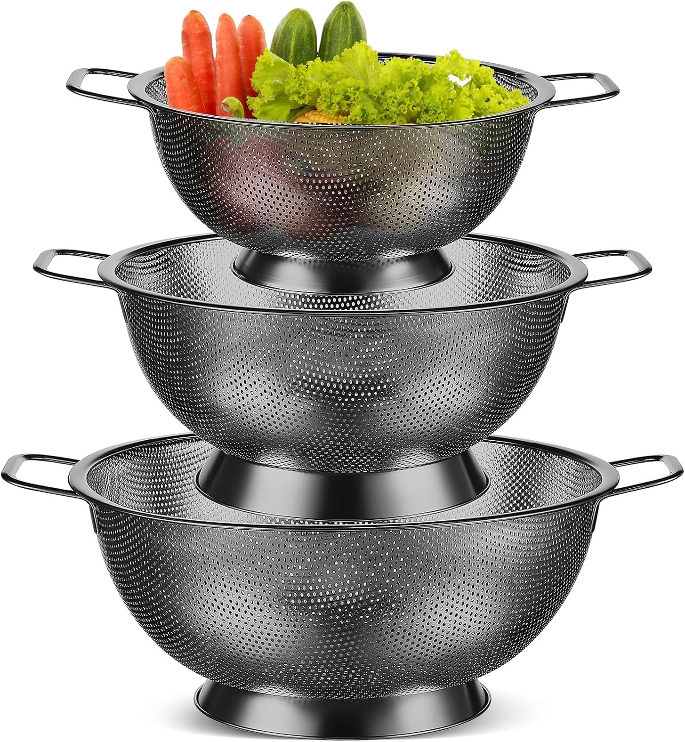 Bokon 3 Pcs Stainless Steel Colander Set Colander Bowl and Sieves 1/3/5 Quart Metal Mesh Strainer Net Basket with Handles Food Spaghetti Strainer for Kitchen Draining Pasta Rinsing(Black)