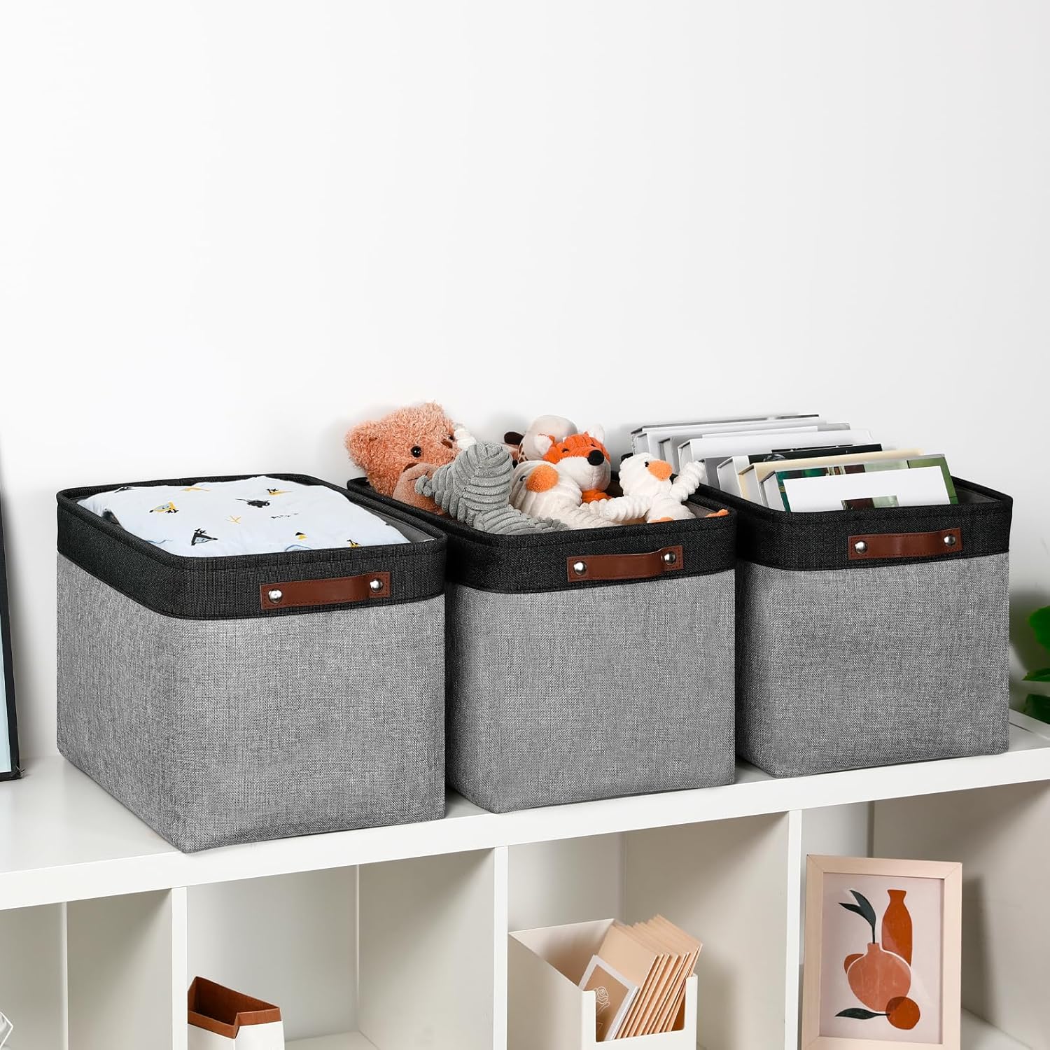 DULLEMELO Fabric Storage Bins - Decorative Large Baskets for Home Shelves & Bedroom, Canvas Toy Organizers (Black & Gray)