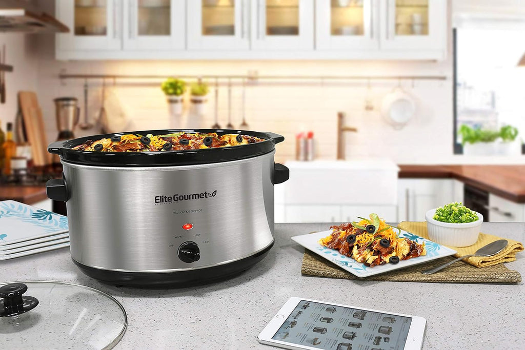 Elite Gourmet Stainless Steel Slow Cooker, Dishwasher-Safe with Tempered Glass Lid, Cool-Touch Handles, Removable Stoneware Pot, 8.5 Quart,MST-900V
