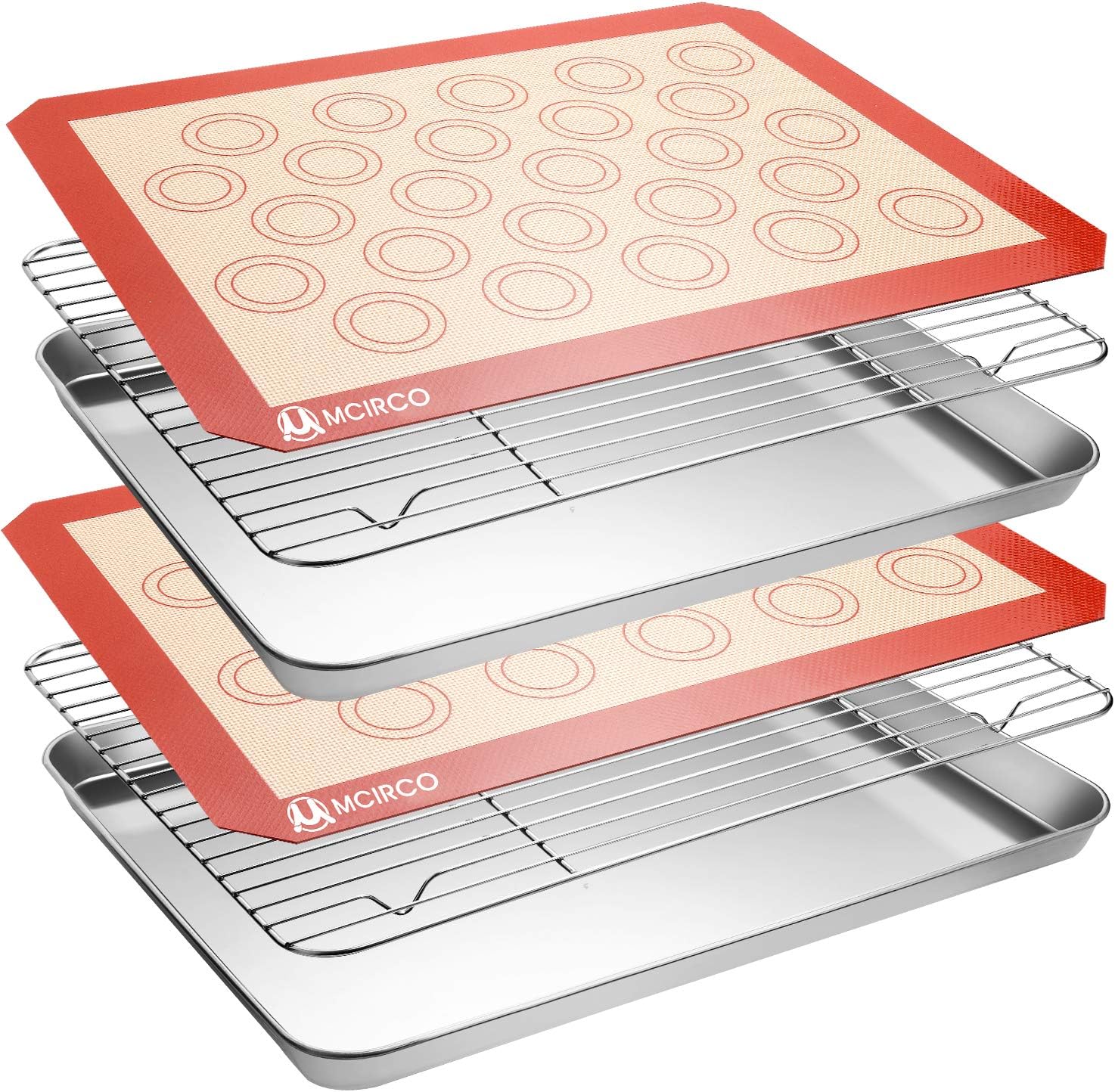 MCIRCO 6 Piece Stainless Steel Baking Sheet with Rack with Silicone Baking Mat Set (2 Pans + 2 Racks + 2 Mats), 17.3 x 13 x 1 Inch Cookie Sheet with Cooling Rack, Easy Clean