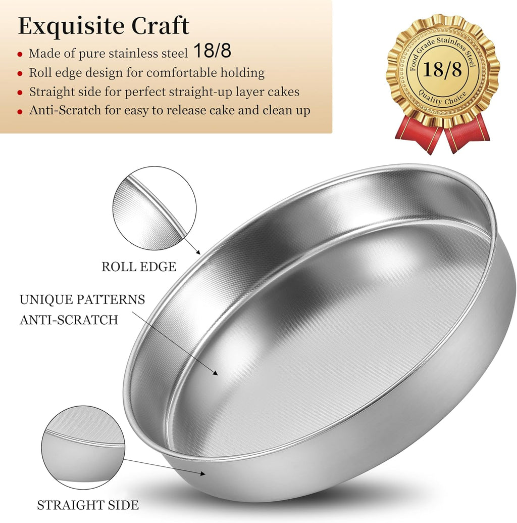 Inqibee Cake Pan Set of 3,18/8 Stainless Steel Round Cake Baking Pans,8-9.5-11 Inch,Physics Anti-Stick and Scratch,Non-Toxic and Easy Clean