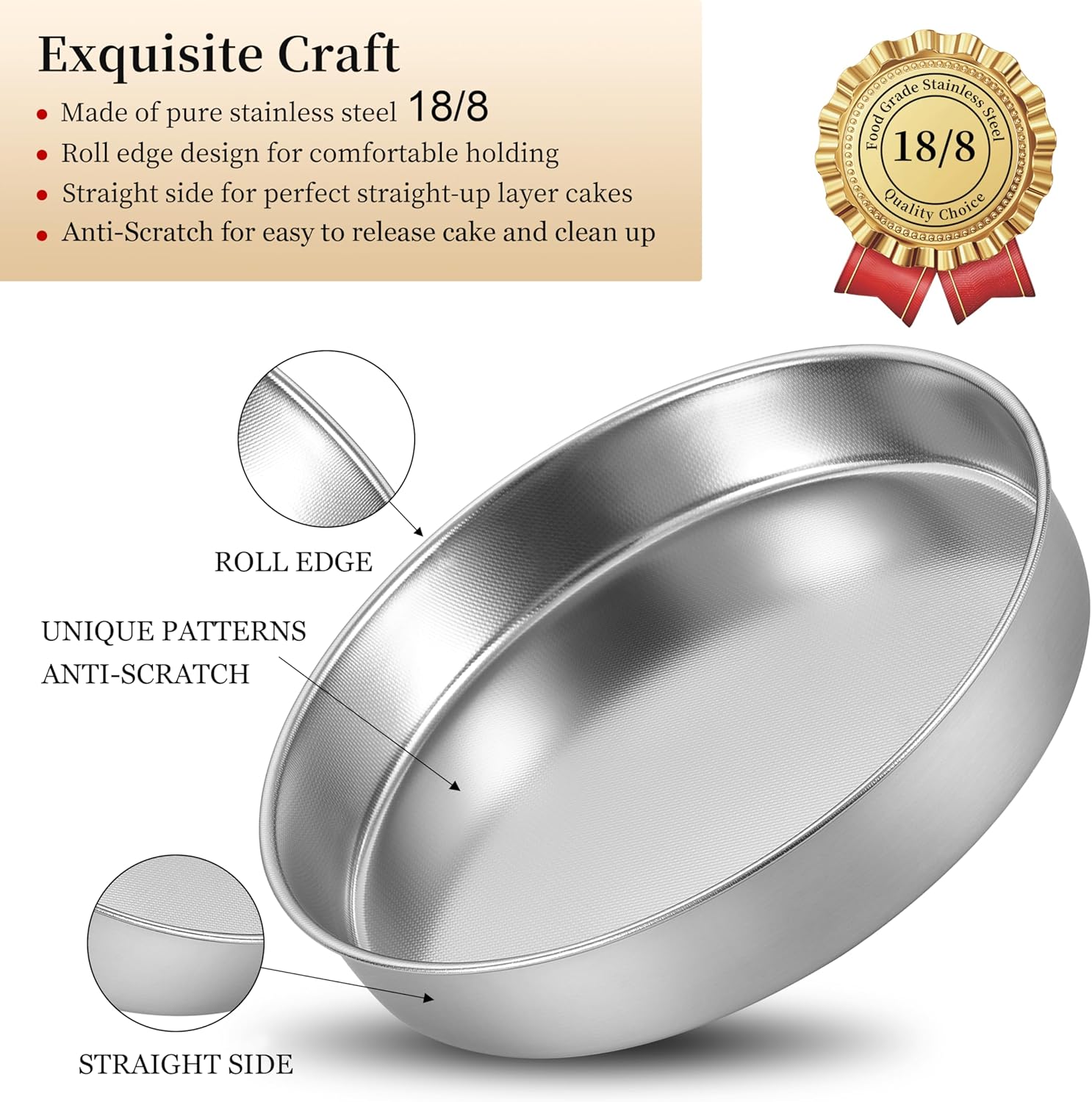 Inqibee Cake Pan Set of 3,18/8 Stainless Steel Round Cake Baking Pans,8-9.5-11 Inch,Physics Anti-Stick and Scratch,Non-Toxic and Easy Clean
