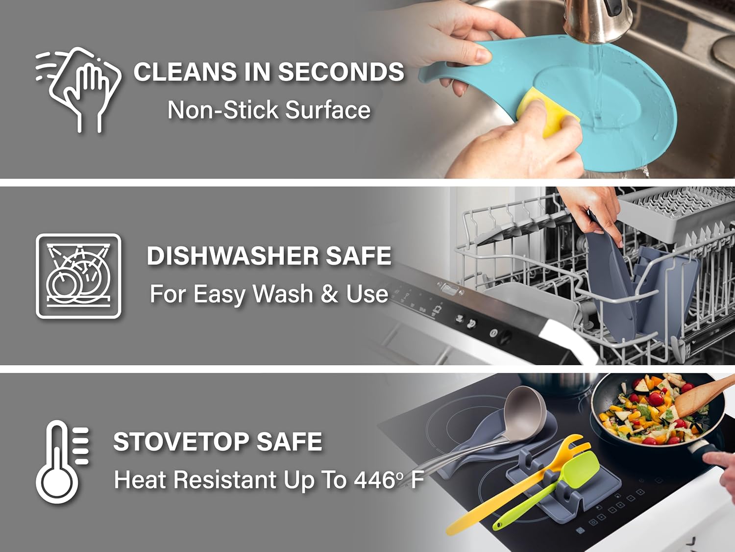 Silicone Spoon Rest for Stove Top, 2 STYLES - HEAT RESISTANT, EASY TO CLEAN Kitchen Spoon Rest for Kitchen Counter, Holds XL Utensils, Safe on GLASS & INDUCTION Cooktops, DOESN’T BREAK if Dropped