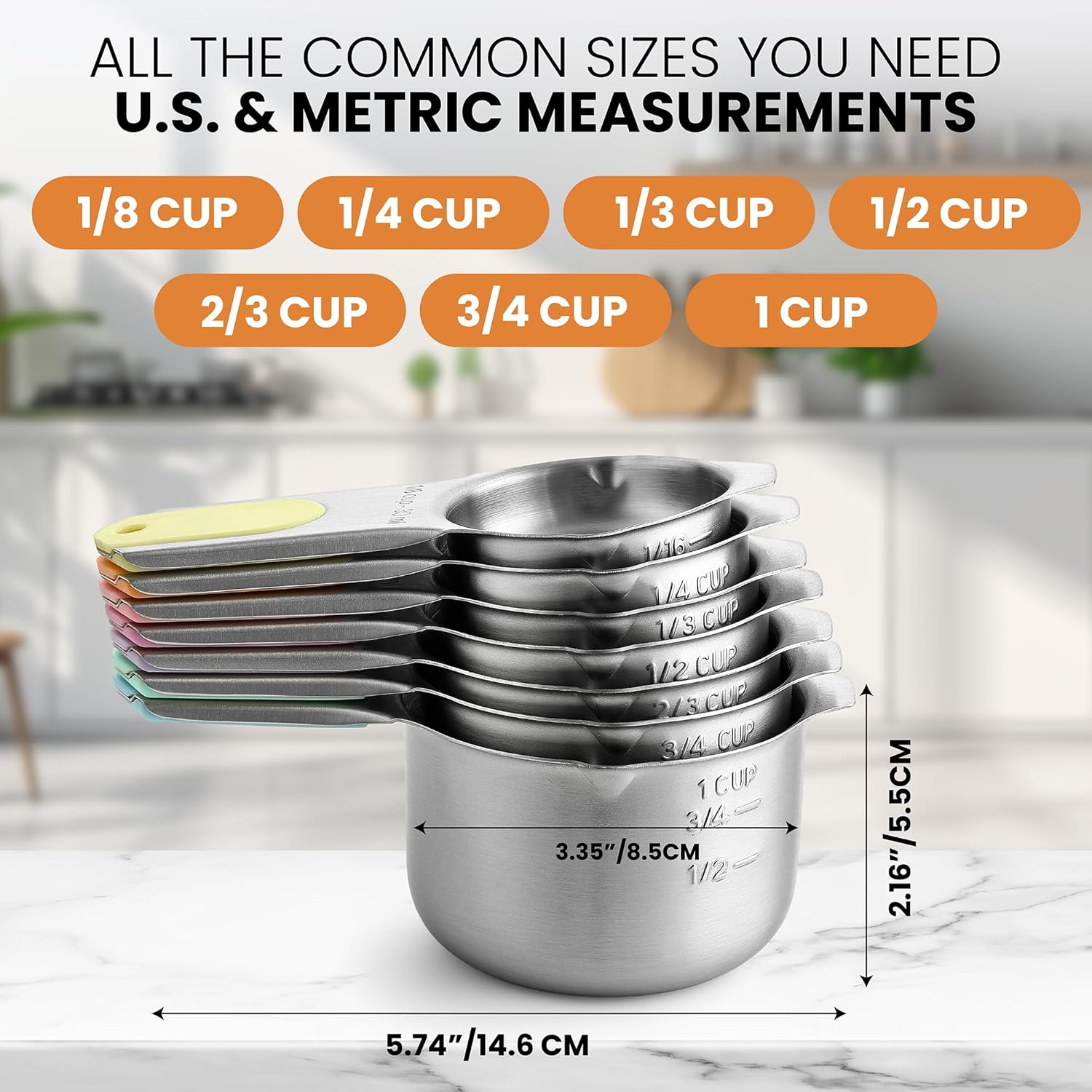 Spring Chef Magnetic Stainless Steel Measuring Cups, Patented, Kitchen Tools with Easy to Read Markings for Measuring Dry or Liquid Ingredients, Set of 7, Pastel