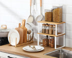 Marsui 4 Pcs Kitchen Organizer Accessories Set Cabinet Organizer Shelf and Bamboo Dish Drying Plate Rack Counter Shelves Storage Holder for Spice Rack, Dish, Pot Lid, Bowl, Cup(Wooden Color)