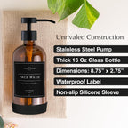 Vine Creations Amber Glass Soap Dispenser Set - Kitchen Soap Dispenser Set with Stainless Steel Pump - 16 oz Dish Soap and Hand Soap Dispensers for Bathroom with Silicone Pad & Waterproof Labels