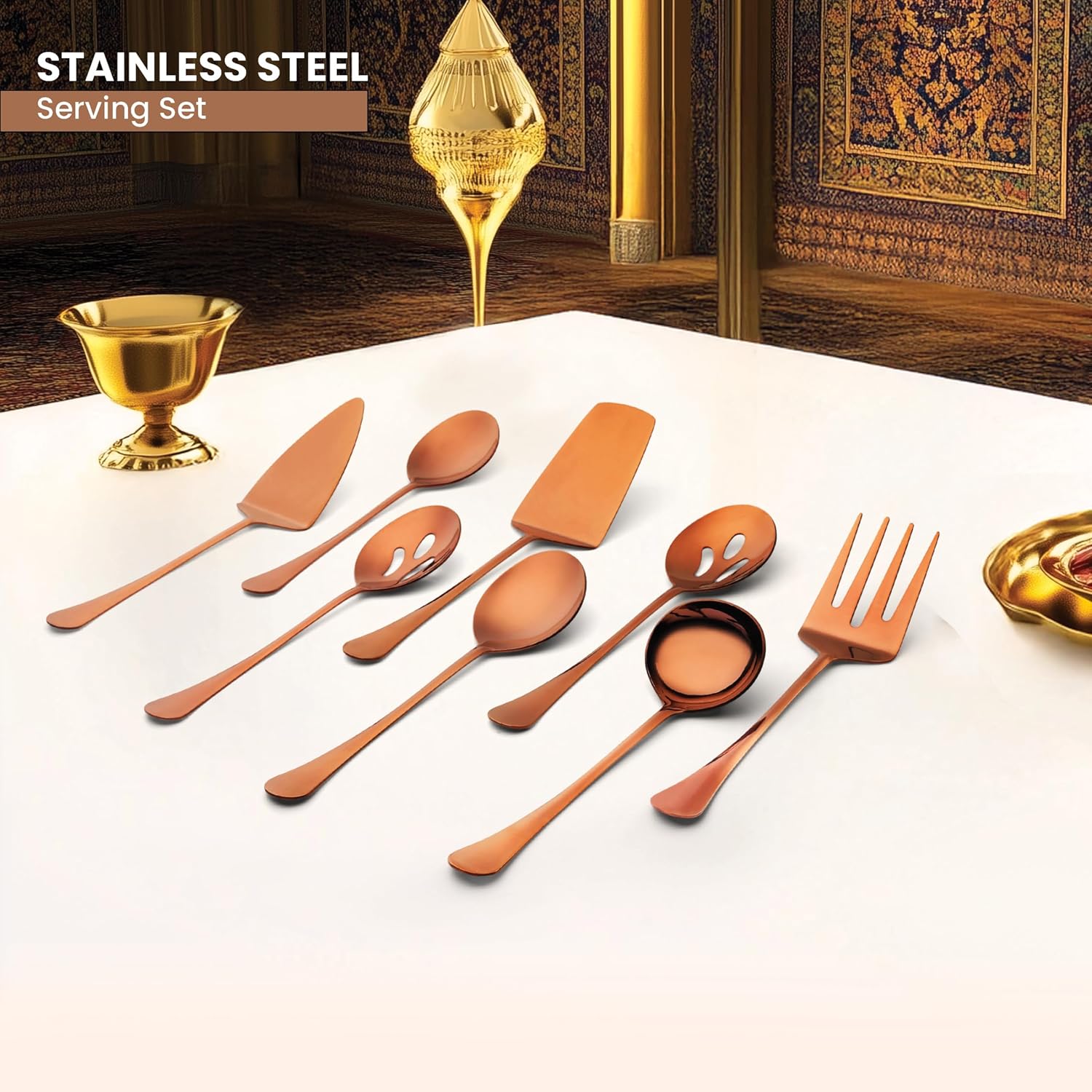 Avador® Premium Set of 8 Stainless Steel Hostess Serving Utensil Tool Set for Weddings | Buffer | Party | Kitchen | Restaurants (Rose Gold Plated)