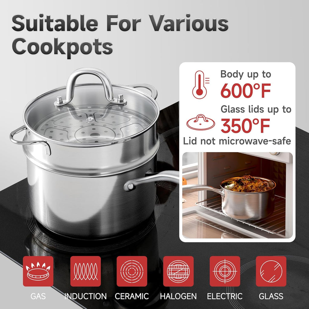 3.5 Quart Stainless Steel Saucepan with Steamer Basket, Tri-ply Full Body, Multipurpose Sauce Pot with Two-Size Drainage Holes Lid, Perfect For Boiling Gravies, Pasta, Noodles