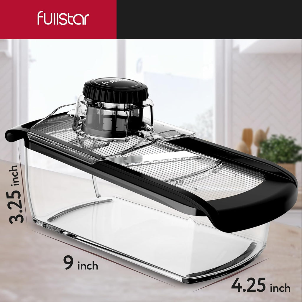 Fullstar Mandoline Slicer for Kitchen, Fruit Cutter, Cheese Grater, Cucumber Slicer, Veggie Spiralizer, Food Cutter & Kitchen Gadgets with Safety Glove (6 in 1, Clear)