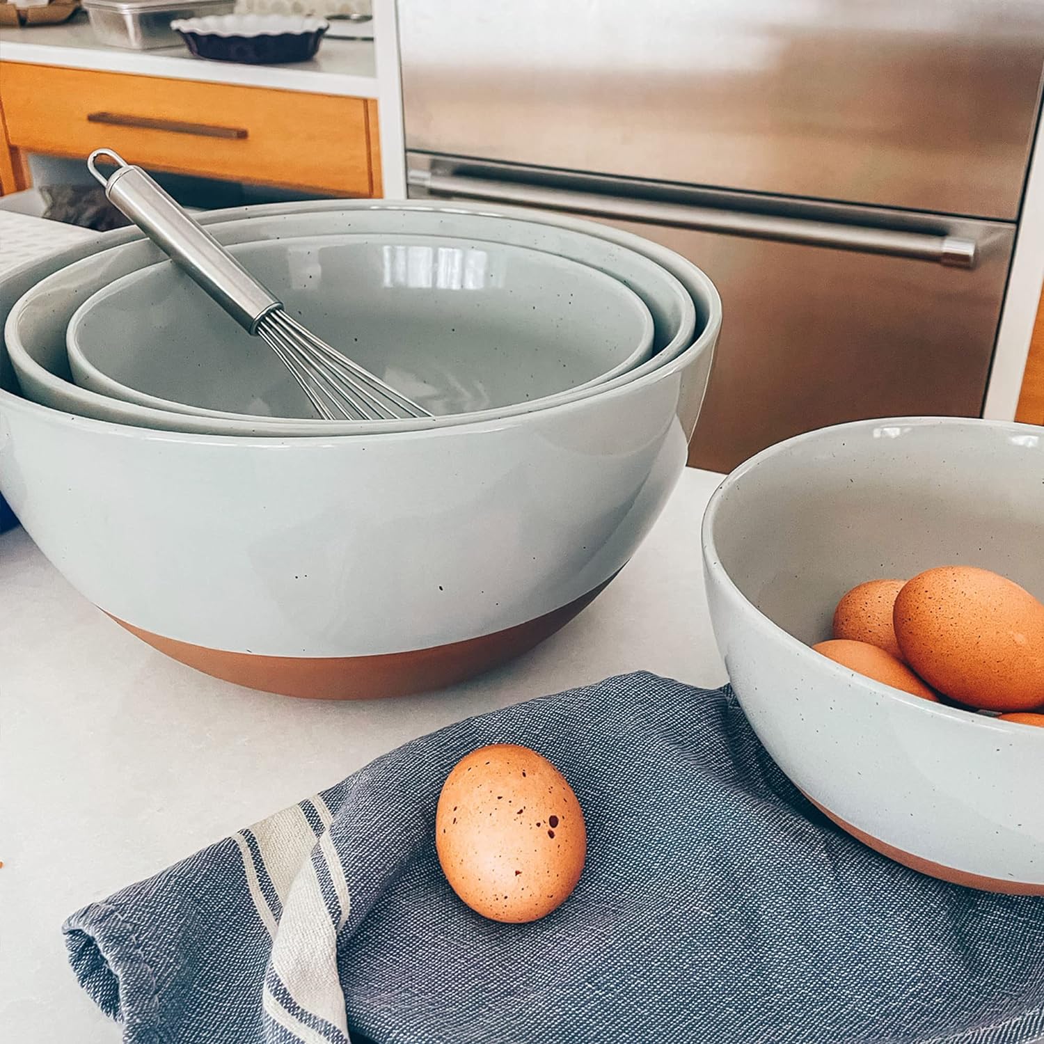 Mora Ceramic Large Mixing Bowls - Set of 2 Nesting Bowls for Cooking, Serving, Popcorn, Salad etc - Microwavable Kitchen Stoneware, Oven, Microwave and Dishwasher Safe - Extra Big 5.5 & 3.6 Qt - Grey