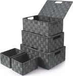 Storage Bins with Lids, Woven Storage Box Organizer Containers Decorative Baskets Cube for Clothes Bedroom Closet Office (5 Pack, Grey)