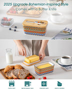 vancasso SIMI Butter Dish with Lid, 6.5" Large Butter Dish for Countertop, Bohemian Ceramic Butter Keeper Container with Knife and Bamboo Lid, Butter Holder for Counter, Regal Bloom