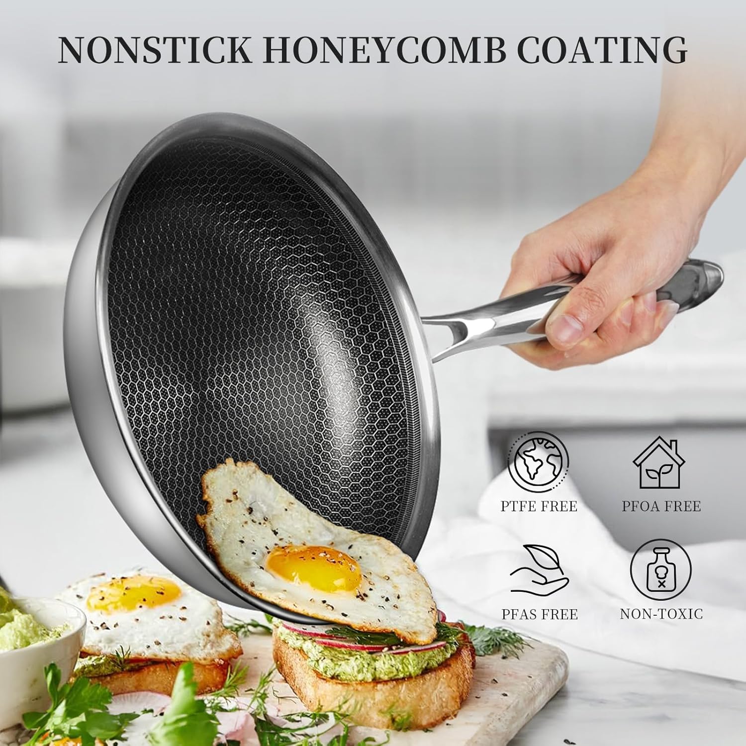 Stainless Steel Frying Pan 8 Inch Nonstick Honeycomb Coatings Skillet for Eggs & Omelettes-Non Toxic Healthy Kitchen Cooking Pan Compatible with All Cooktops