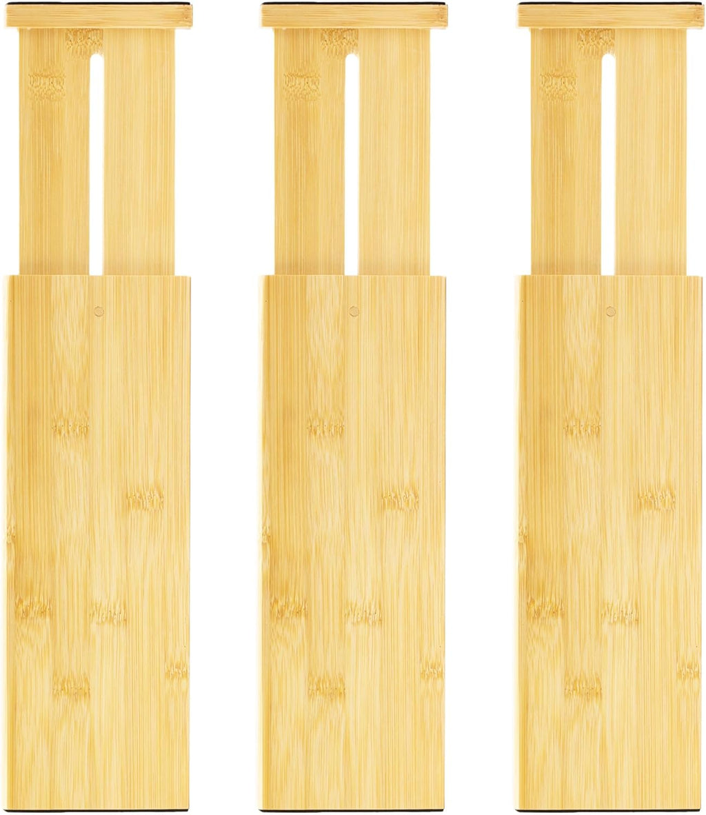 VaeFae 3 Pack Bamboo Drawer Dividers, 4" High Adjustable 11.9-17.1" Clothes Drawer Organizers, Expandable Separators for Bedroom/Bathroom/Kitchen/Office Storage