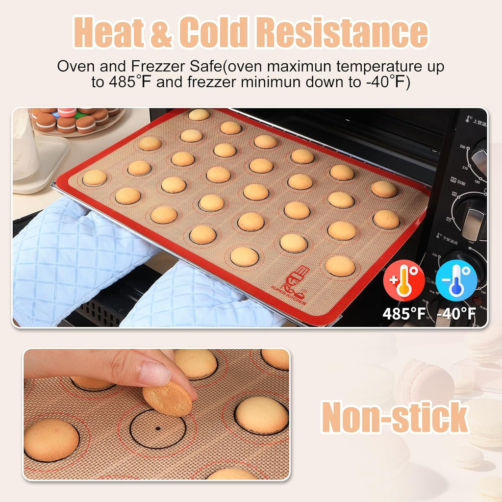 Folksy Super Kitchen Silicone Macaron Baking Mat - Set of 3 (2 Half Sheet and 1 Quarter Sheet), Non Stick Silicon Oven Liner For Macaroons and Cookies (16.5x11.6, Red)