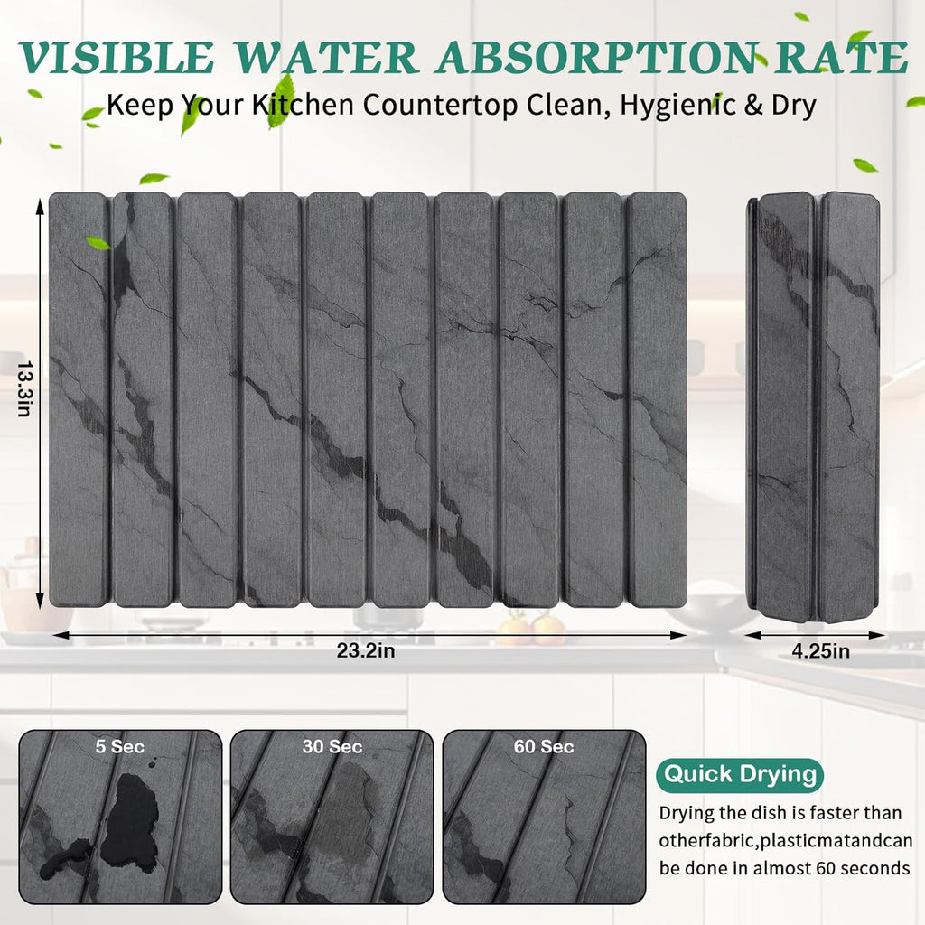 Stone Dish Drying Mat for Kitchen Counter, 24''×15'' Dark Grey Marble Dishes Drying Matt Kitchen Counter, Absorbent Diatomaceous Earth Bath Quick Dry Mats for Tableware, Bottles and Cup