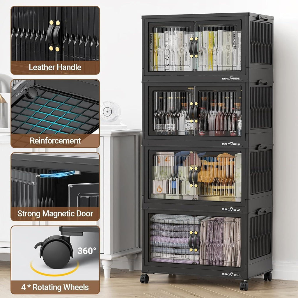 320Qt Stackable Storage Bins with Lid, Extra Large Closet Organizer Collapsible Drawer Boxes with Wheels, Folding Plastic Cabinet Containers for Home Kitchen Room Organization, 4Pack Black