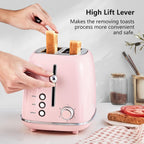2 Slice Toaster Retro Stainless Steel with Bagel, Cancel, and Defrost Functions, 6 Bread Shade Settings, Extra Wide Slots and Removable Crumb Tray, Pink